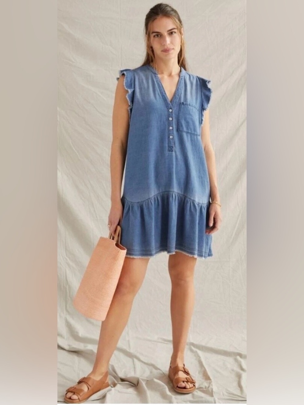 PILCRO Anthropologie Flounced Tunic Chambray Dress Blue Soft Denim Ruffle Sz M
